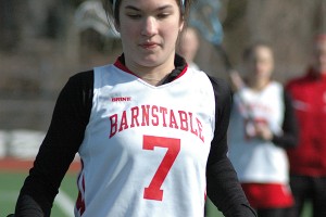 Barnstable High School's Olivia Pearsall netted her first goal of the season Monday afternoon, but the B-R Trojans were too much and handed the Red Raiders their third straight loss, 14-7. Sean Walsh/Capecod.com Sports