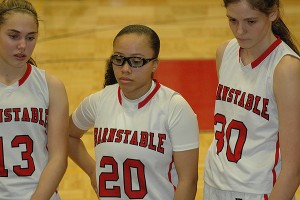 Barnstable's Allison Carter (13), Shyanne Pires (20) and Hannah Kerr (30) all contributed to a resurgent second half to help the Red Raiders to victory Friday night over D-Y, 37-25. Sean Walsh/capecod.com sports