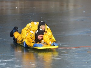 COURTESY OF THE HARWICH FIRE DEPARTMENT Lt. Leighanne Deering makes a rescue of firefighter Jason Boyne Saturday.